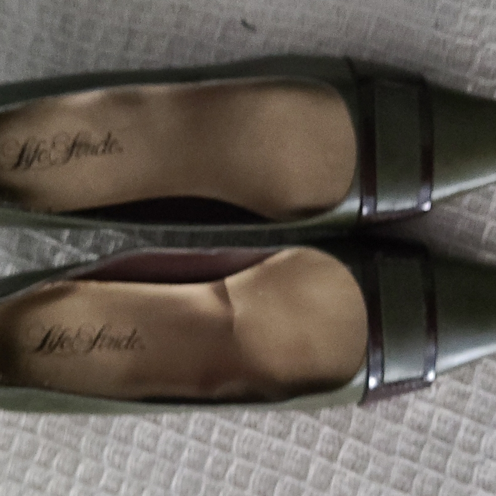 Green and brown pumps, approximately 2 inch heel,
